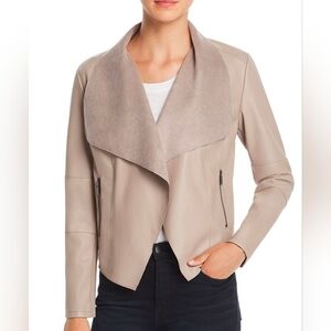 Bagatelle Taupe Leather Jacket with Waterfall Collar